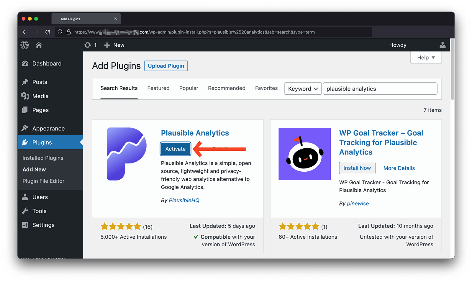 Activate the Plausible Analytics WordPress plugin