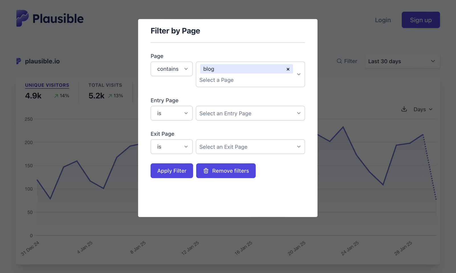Filtering by page URL in Plausible Analytics