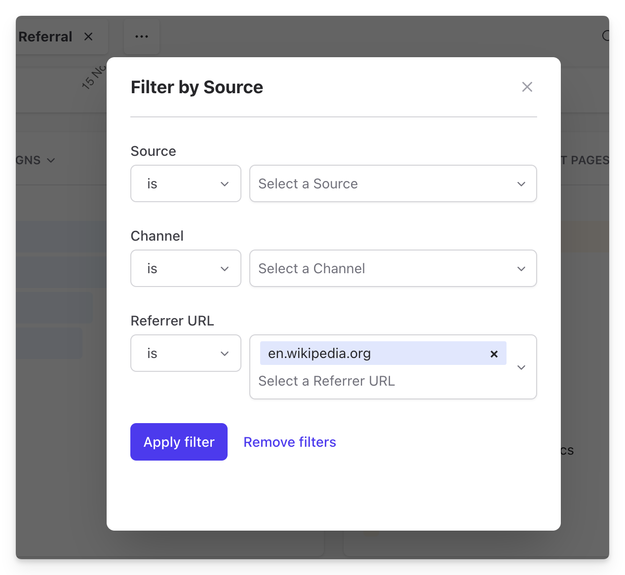 Filtering traffic by referral source in Plausible
