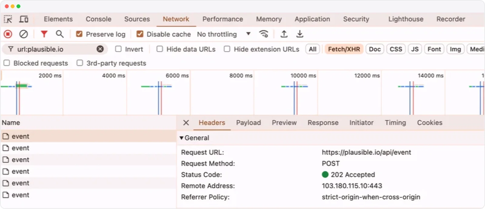 Browser Network tab showing a successful Plausible event request